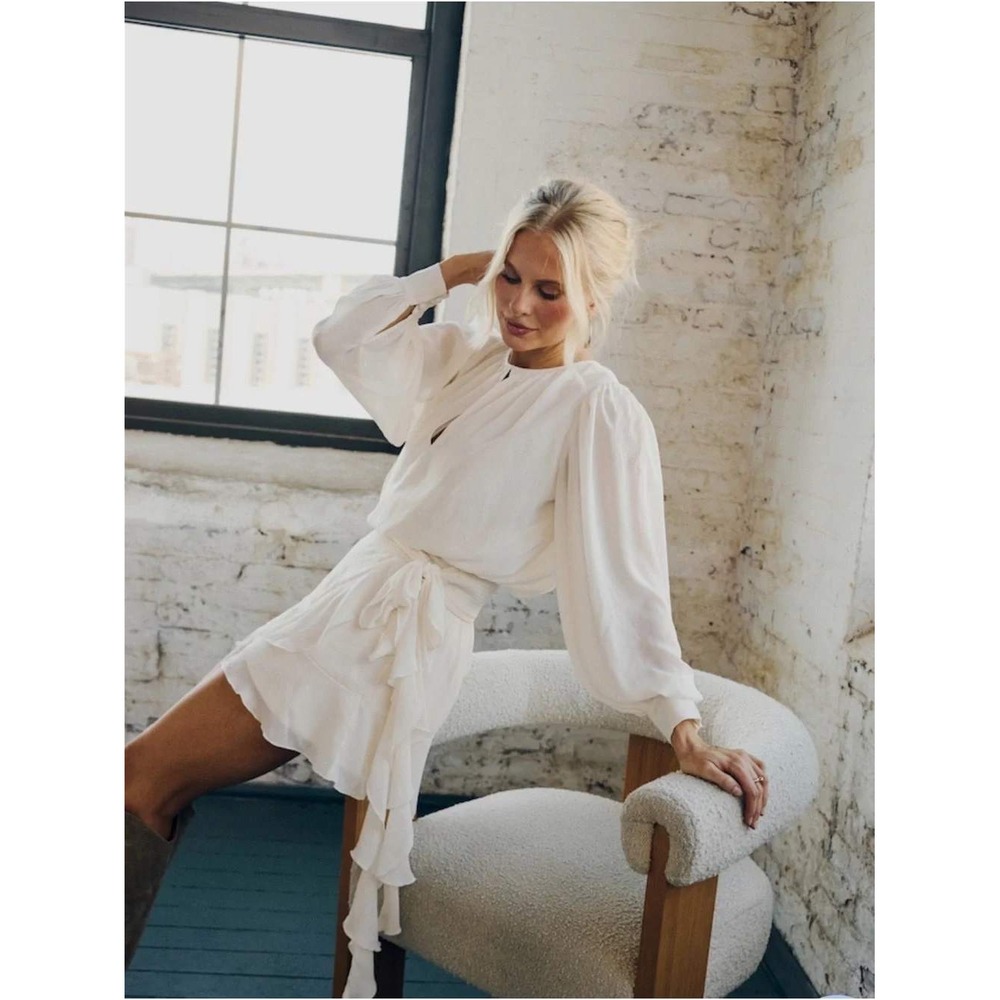 Abercrombie & Fitch Cream Long Sleeve Ruffle Mini Dress MP Smocked Waist Tie
